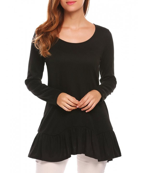 Women S Casual Long Sleeve Ruffle Hem Tunic Tops Black CK UZTLH