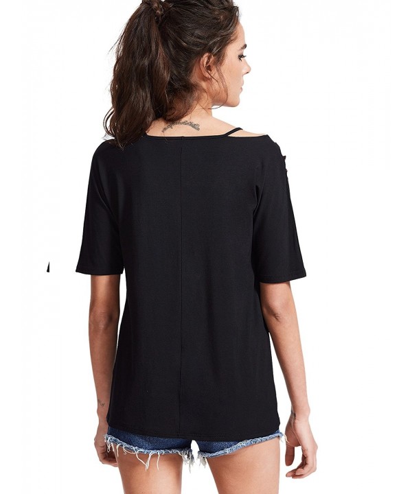 Women's Rose Embroidered Short Sleeve Summer Cold Shoulder T Shirt 