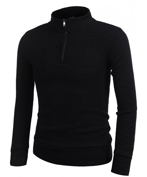 Men's Long Sleeve Knitted Ribbed Sweaters Turtleneck Zip Slim Fit ...