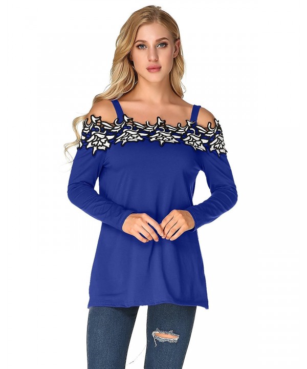 Womens Off Shoulder Blouse Sexy Plus Size Tops Long Sleeve Strap Embroidered Shirts Blue
