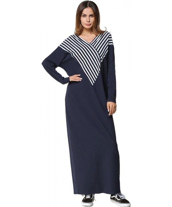 Women's Loose Soft V-Neck Stripe Color Block Full Length Muslim Abaya ...