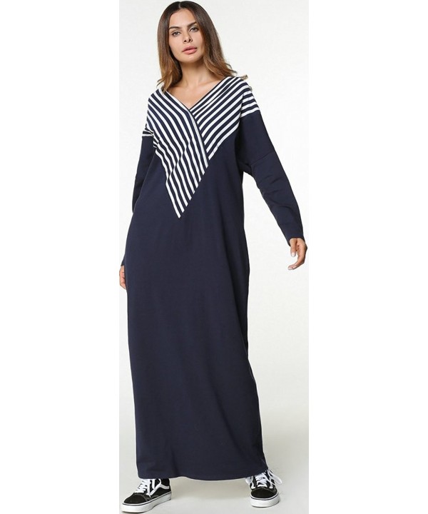 Women's Loose Soft V-Neck Stripe Color Block Full Length Muslim Abaya ...