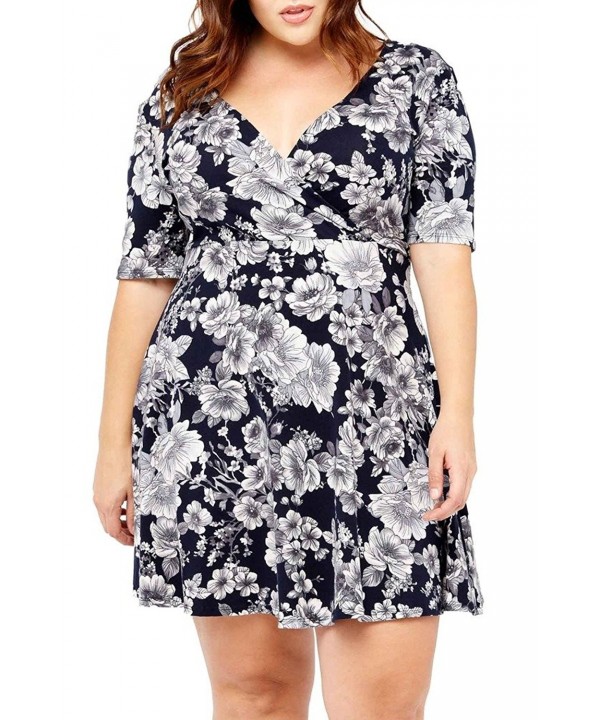 Women's Short Sleeve Floral Print Fit and Flare V Neck Wrap Plus Size ...