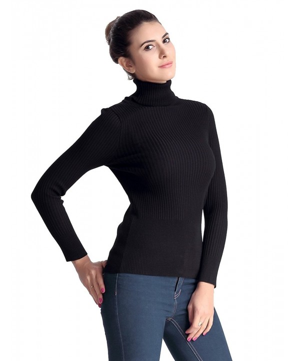 Women's Ribbed Turtleneck Long Sleeve Sweater Tops - Black - C61220K6VEN