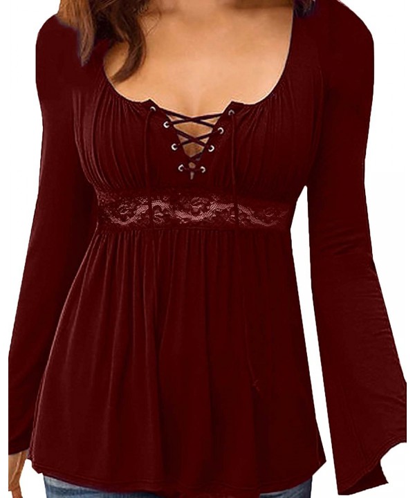 Women Hollow Out Tunics V Neck Lace Up Blouse Long Sleeve Shirts Tops Wine Red 1 Cy12n1vl09b 7375
