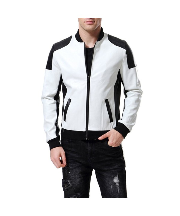 Men's PU Faux Leather Jacket White Black Moto Bomber Fashion Slim Fit ...