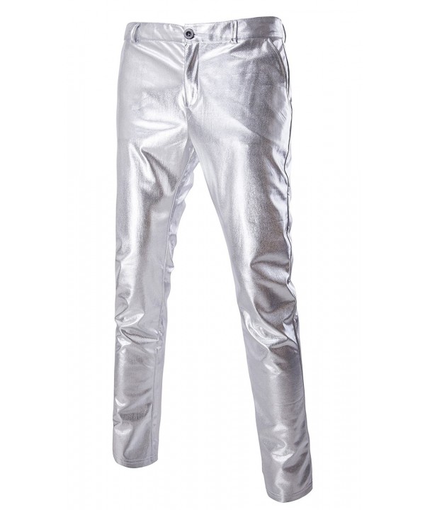 Men's Skinny Night Club Metallic Faux Leather Pants - Silver - CL12KT3M3ZT