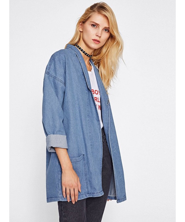 Women's Drop Shoulder Denim Open Front Long Cardigan - Blue - CQ186ODYERI