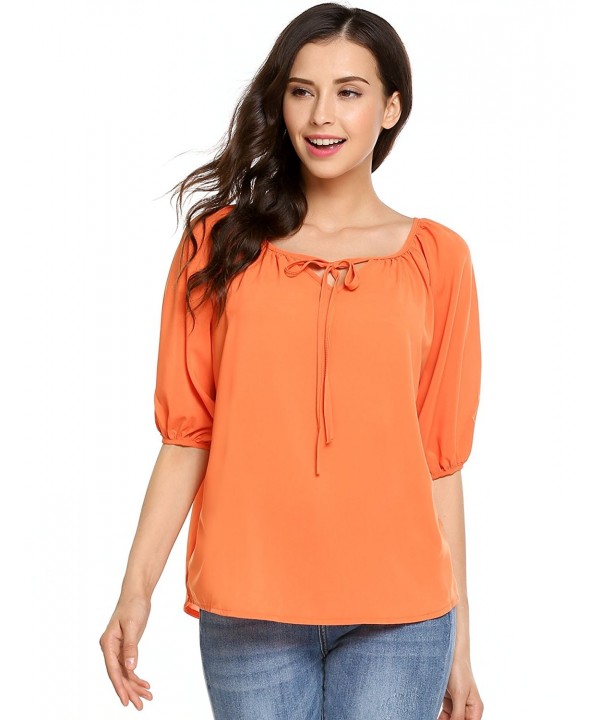 Women Peasant Blouse Chiffon V Neck Short Sleeve Tie-Front Tops Shirts ...