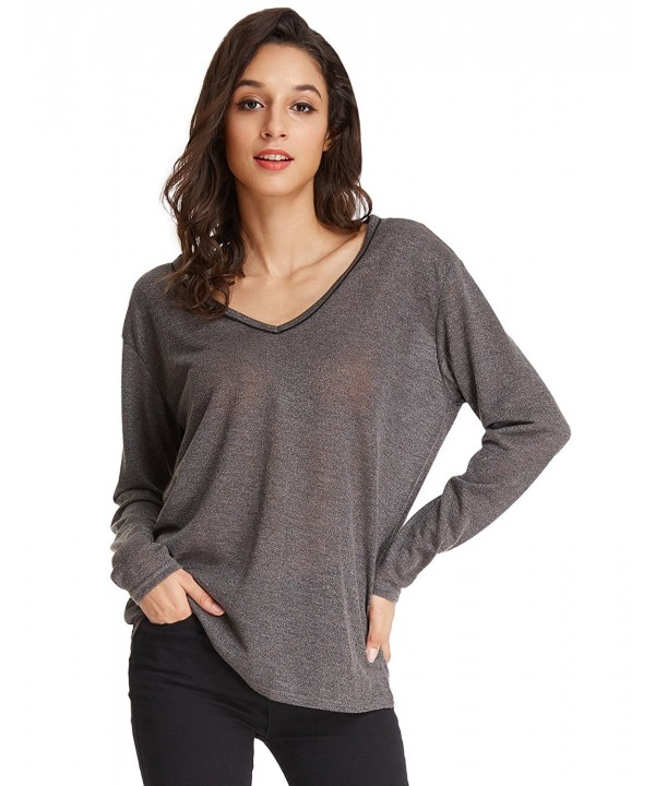 Women's Long Sleeve Knit T-Shirt V-Neck Blouse Loose See Throught ...