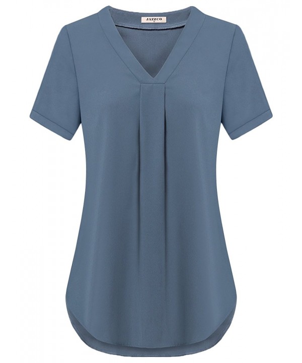 Womens Short Sleeve Chiffon V Neck Casual Blouse Shirt Tops - Greyblue ...
