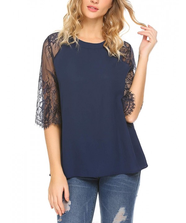 Women 3/4 Lace Sleeve Blouse Sexy Keyhole Back Tunic Top - Navy Blue ...