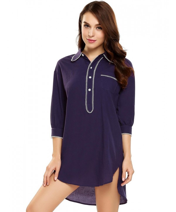 ButtonFront Sleepshirt Womens Cotton 3/4 Sleeve Nighty Boyfriend Shirt