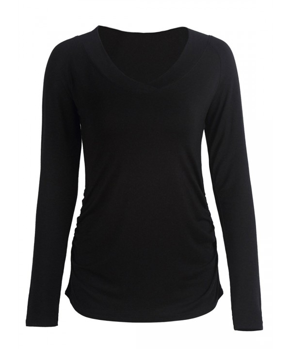 Women's Tops Brand Long Sleeve Drape Tees with Side Shirring - Black ...
