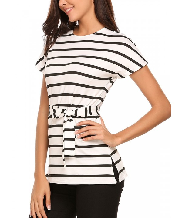 Womens Black White Striped T Shirt Crew Neck Short Sleeve Loose Belted Tunic Dress Black