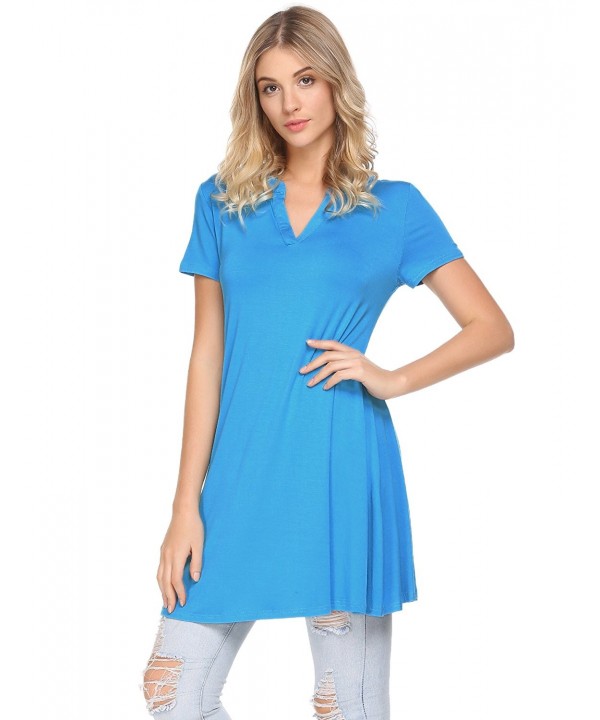 Women's Casual Short Sleeve V Neck Pleated Flare Tunic Tops Loose Fit ...