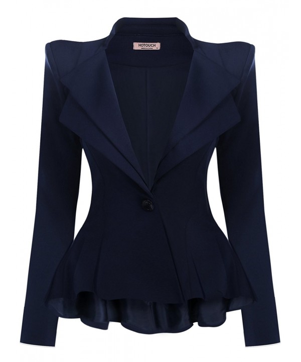 Women Office Notch Lapel Sharp Shoulder Ruffled Peplum Blazer Jacket ...
