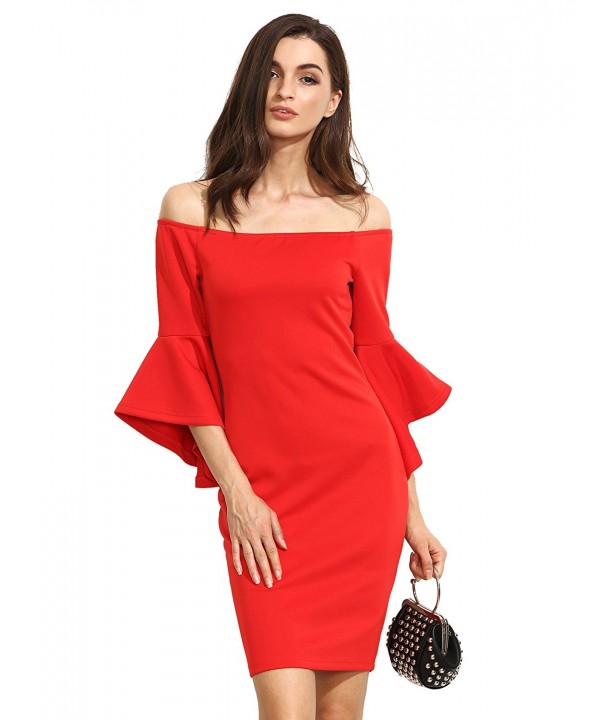 Women's Ruffle Off Shoulder Bell Sleeves Knee Length Bodycon Pencil ...