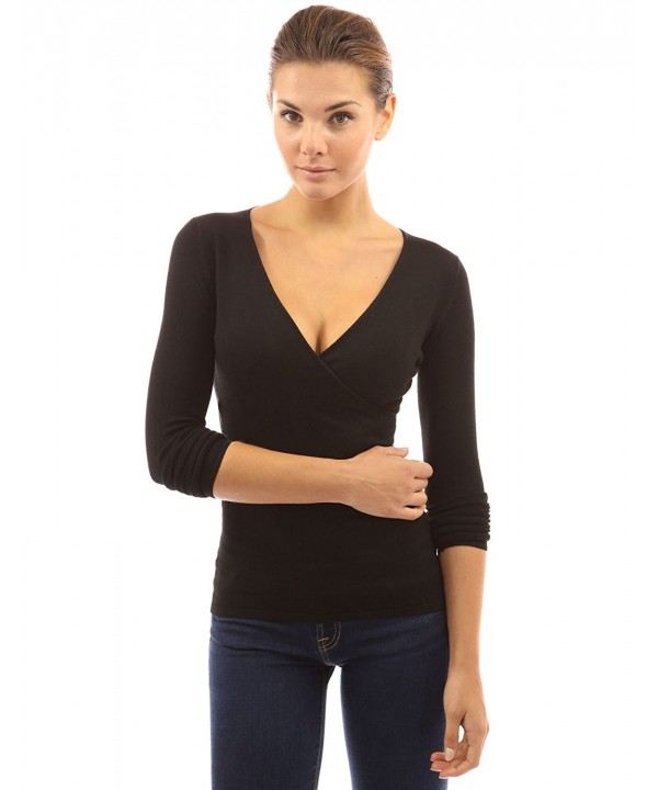 Women's V Neck Faux Wrap Sweater - Black - CR11N03TZZR