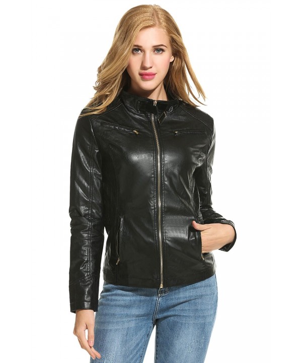Womens Faux Leather Zipper Moto Biker Bomber Jacket - Black - CI187G8T509