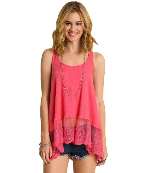 Women's Lace Bottom Ribbed Tank Top - Pink - CL12F05XZ2V