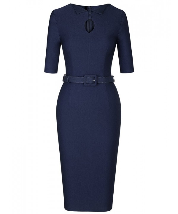 Women's Audrey Hepburn 1960s Half Sleeve Belt Formal Work Dress - Blue ...