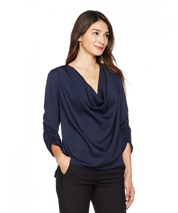 Long Sleeve Deep Drape Front Shiny Woven Blouse - Navy - CP186MD3IU6