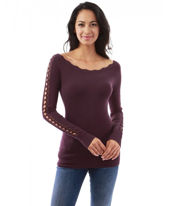 Womens Boatneck Crochet Lace Trim Knit Sweater Dark Purple C11850gkeas