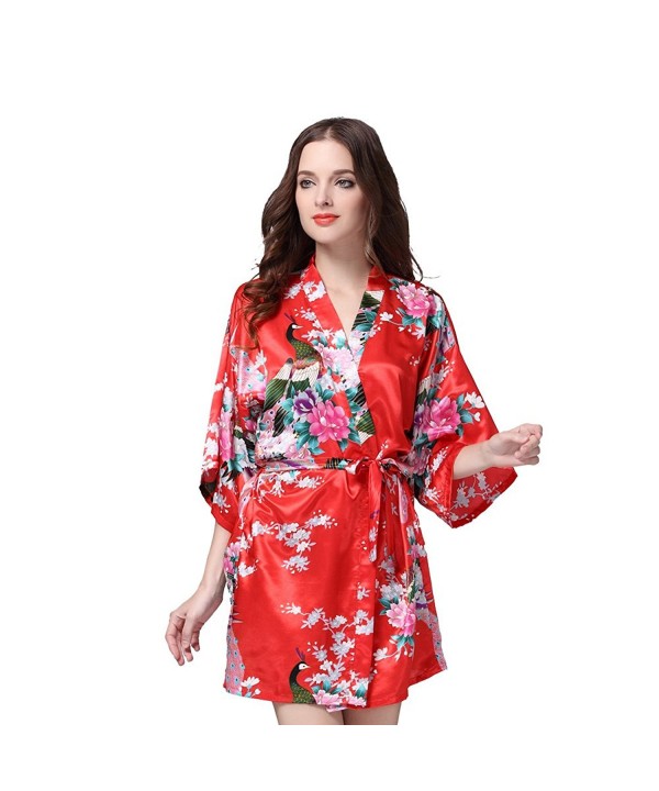Women's Printing Peacock Kimono Robe Silk Robe - Red - CU12DDM3SON