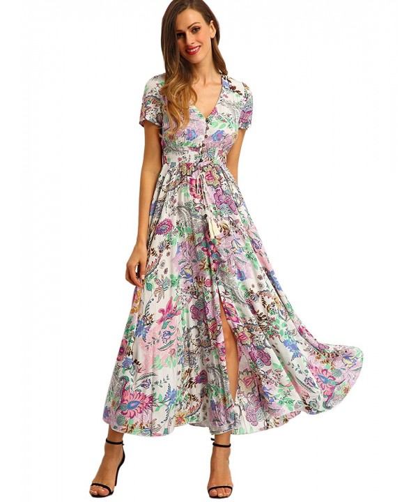 Women's Button Up Split Floral Print Flowy Party Maxi Dress - Pink ...