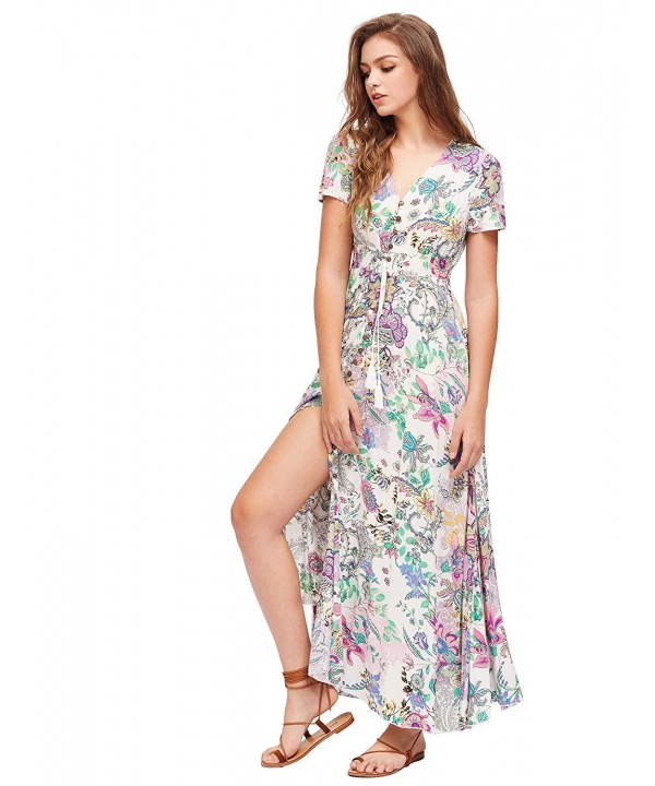 Women's Button Up Split Floral Print Flowy Party Maxi Dress - Pink ...