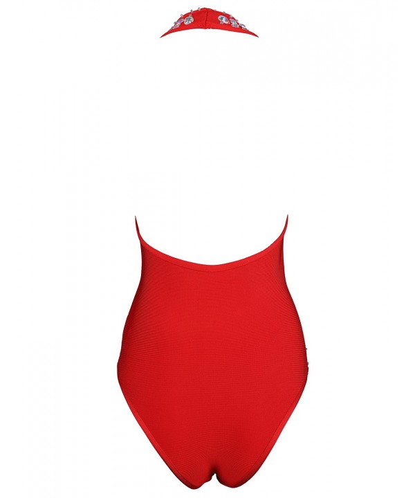 Women Beaded Bandage Monokini Bodysuit Summer Swimwear Bathsuit - Red ...