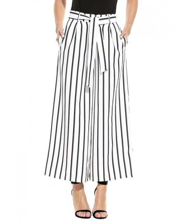 Women Casual High Waist Striped Wide Leg Belted Vintage Loose Comfy ...