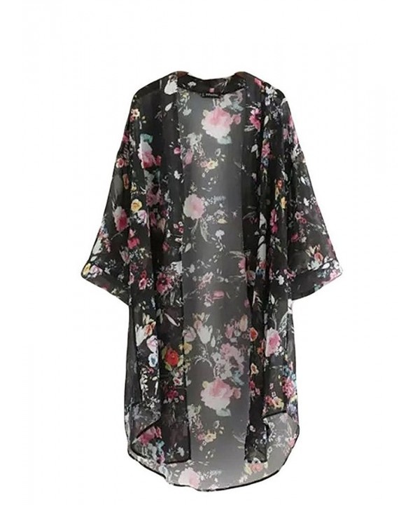 Women's 3/4 Sleeve Floral High Low Chiffon Casual Loose Tops Outwear ...