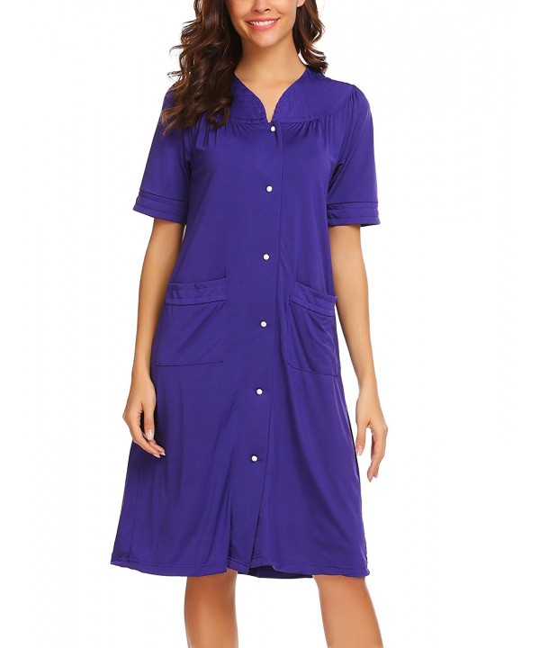 Elegant Cotton Nightgown Button Front Robe Sleepwear For Women - Purple ...