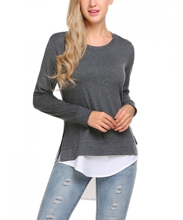 Women Casual Contrast Hem Pullover Sweatshirts Long Sleeve Side Slit ...