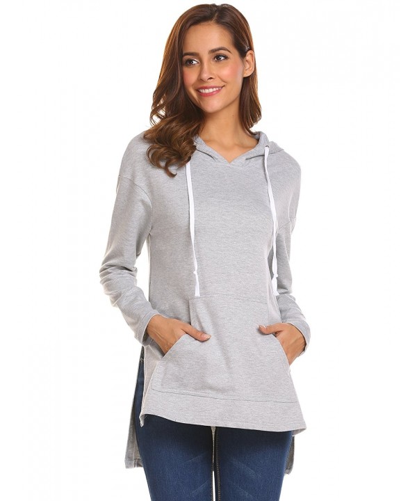 Womens's Side Slit Pullover Ribbed Drawstring Sweatshirt Hoodie - Grey ...