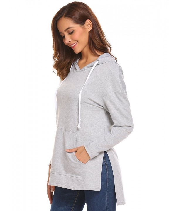 Womens's Side Slit Pullover Ribbed Drawstring Sweatshirt Hoodie - Grey ...