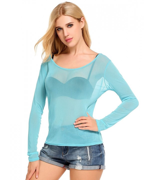 Women Sexy Sheer Pure Mesh See Through Long Sleeve Tops Blouse Clubwear Shirts Clear Blue 