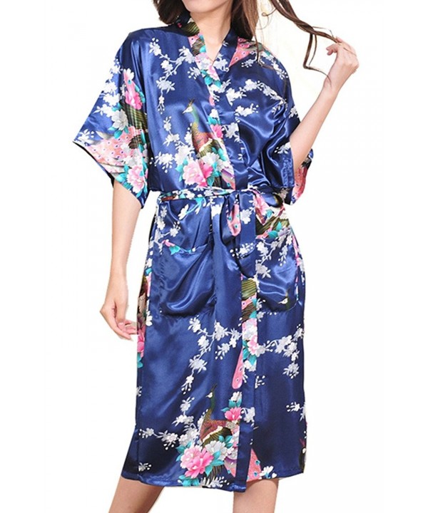 Women's Peacock Printed Kimono Long Bridesmaid Robes Satin Bathrobe ...