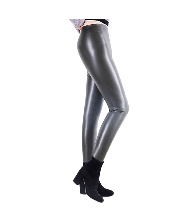 Stretchy Pu Leather Pants Sexy Middle Waisted All Match With Velvet Faux Women Leggings Green 4939