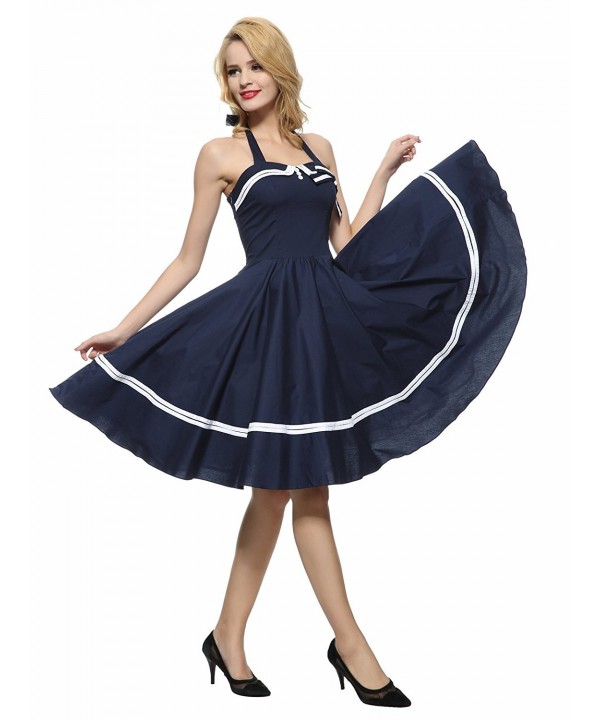Women's 1950s Halter Vintage Rockabilly Dress - Navy Blue - C611L6OWJ0Z