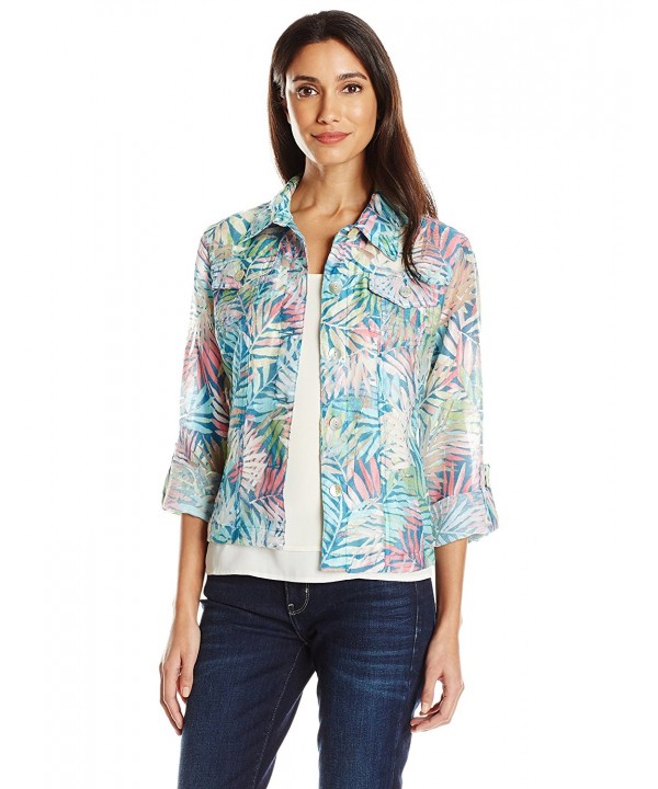 Women's Petite Button-Front Tropical Palms Printed Crinkle Burnout ...