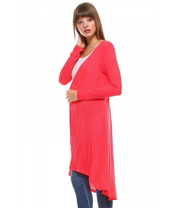 Womens Open Front Drape Long High Low Cardigan Made In USA - Coral ...