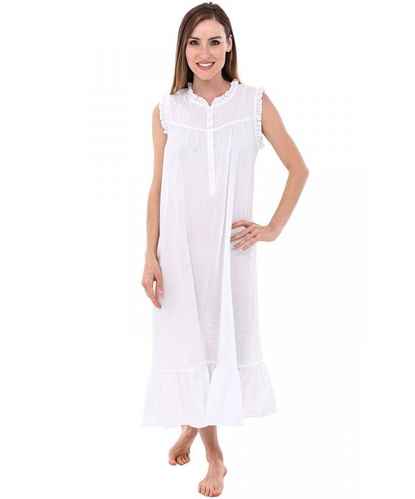 Womens Emma Cotton Nightgown- Sleeveless Victorian Sleepwear - White ...