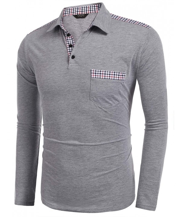 Men's Modern Fit Long Sleeve Plaid Inner Polo T Shirt With Snap Button ...