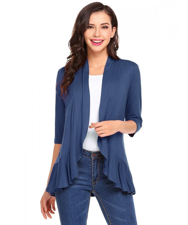 Women's Open Front 3/4 Sleeve Draped Ruffles Knit Cardigan - Blue ...