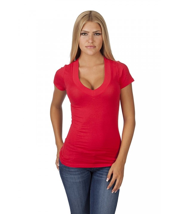 Women's Deep V-Neck Short-Sleeve Shirt Plus Size - Red - C111YOSCIIX