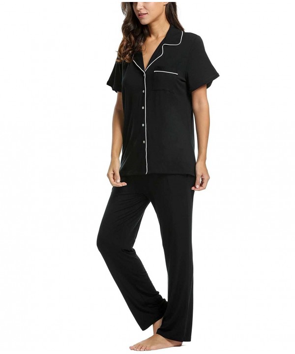 Women's Button Down Sleepwear Short Sleeve Pajama Set - Black - C0187KDHLC0