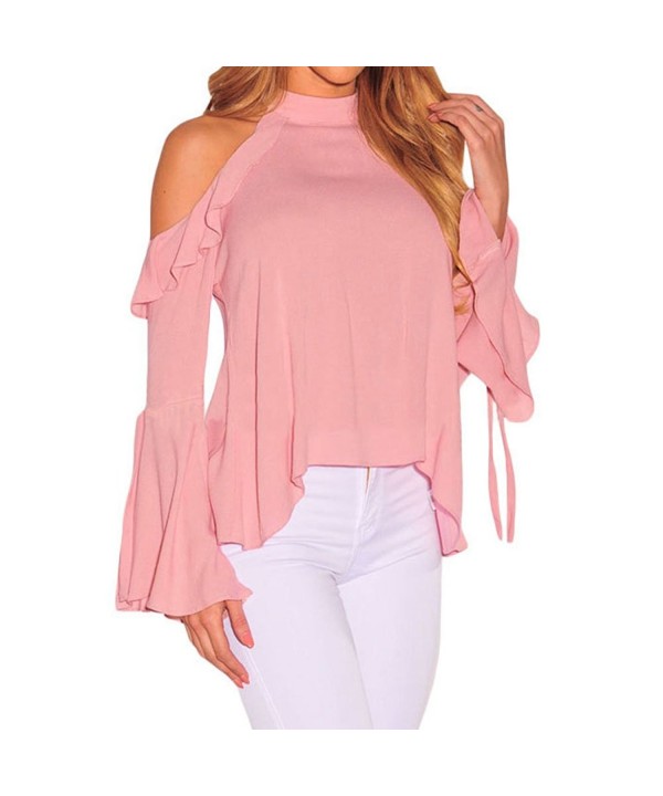 Womens Sexy Cold Shoulder Bell Sleeve Ruffle Blouse Halter Neck Tops Shirt Pink Cf17y7orh6c 